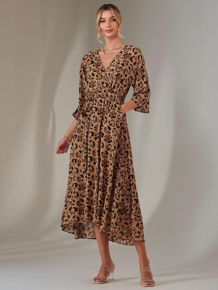 Jolie Moi Brown Gold Spot Printed Chiffon Maxi Dress - Image 4 of 7