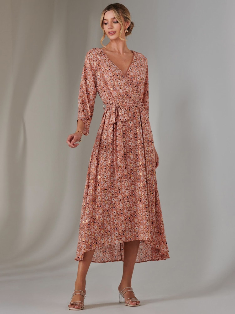 Jolie Moi Orange Gold Spot Printed Chiffon Maxi Dress - Image 1 of 7 Jolie Moi Orange Gold Spot Printed Chiffon Maxi Dress - Image 1 of 7