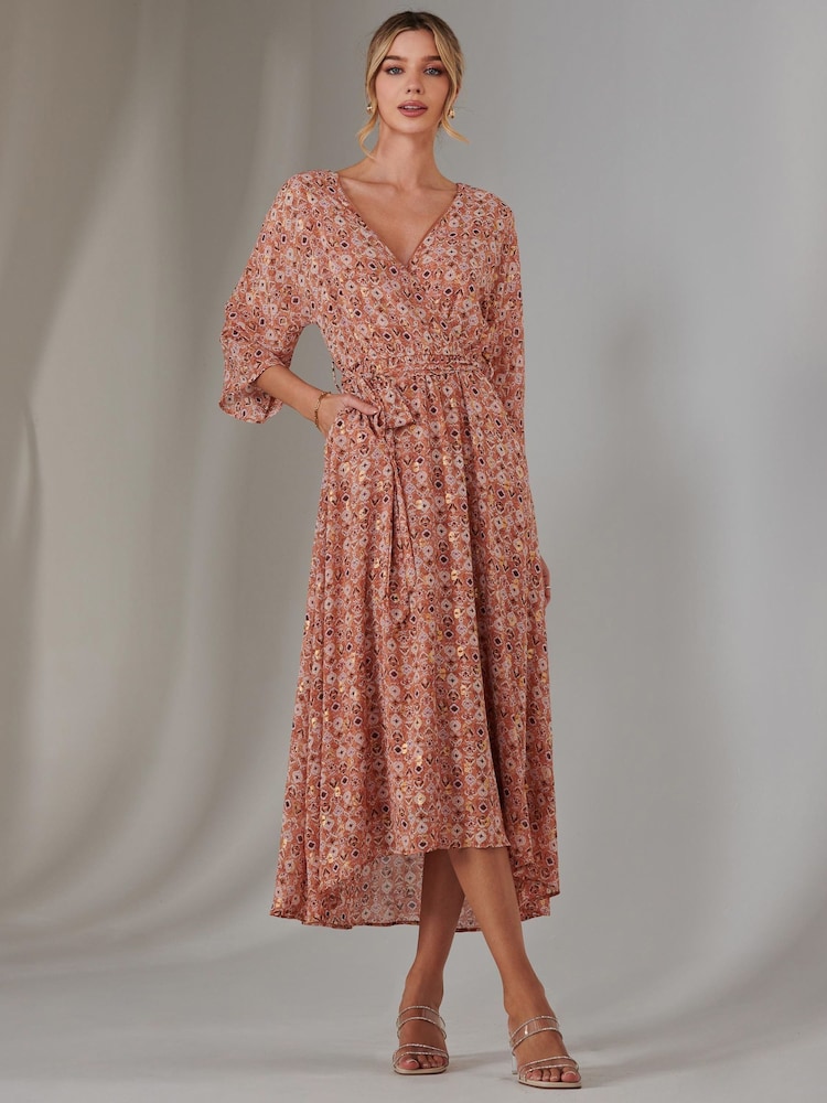 Jolie Moi Orange Gold Spot Printed Chiffon Maxi Dress - Image 4 of 7