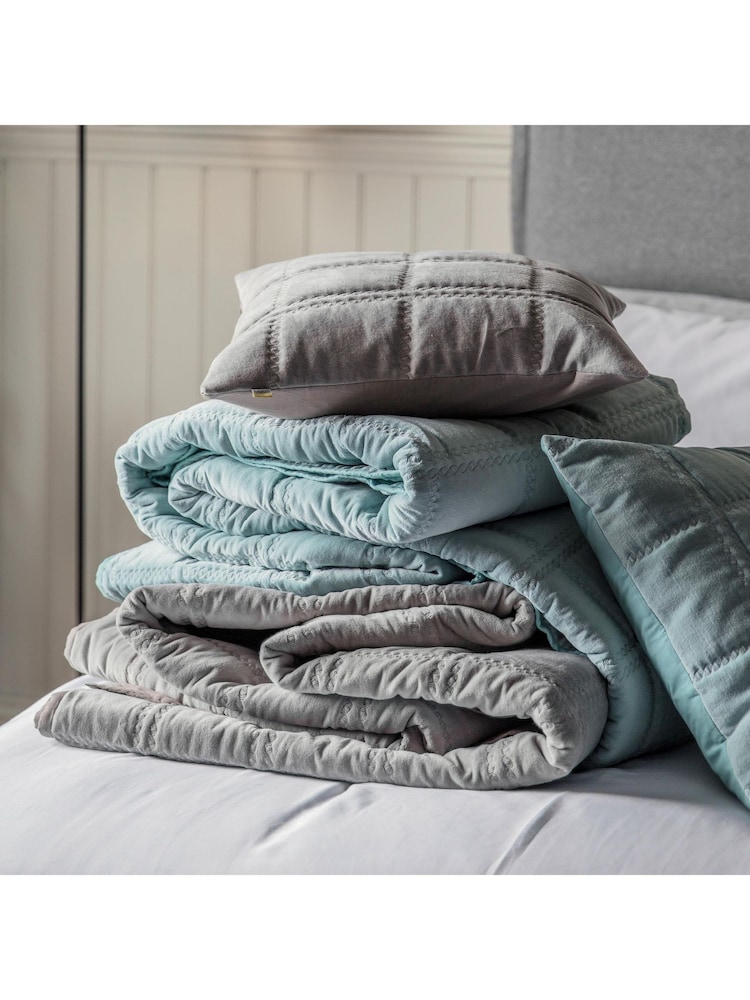 Gallery Home Blue Quilted 100% Cotton Velvet Bedspread - Image 1 of 3