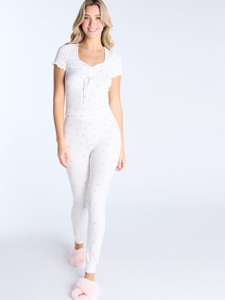 Boux Avenue Ivory Rib Floral Short Sleeve Tee & Legging Pyjamas Set - Image 3 of 6