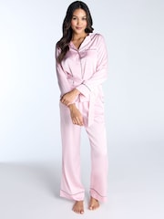 Boux Avenue Pink Luxe Satin Long Sleeve Belt Pyjama Top - Image 2 of 6