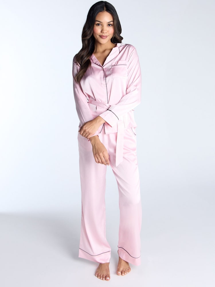 Boux Avenue Pink Luxe Satin Long Sleeve Belt Pyjama Top - Image 2 of 6 Boux Avenue Pink Luxe Satin Long Sleeve Belt Pyjama Top - Image 2 of 6