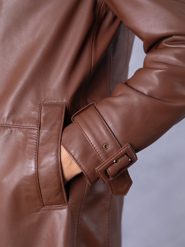 Lakeland Leather Brown Marton Longline Button Down Coat - Image 9 of 9