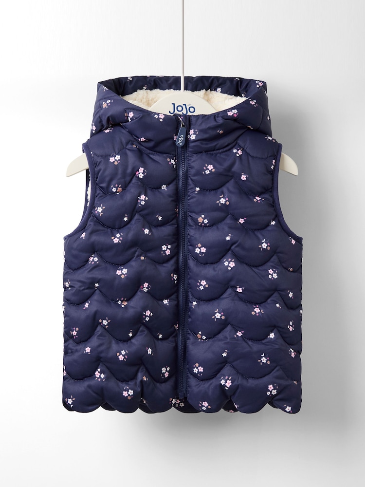 JoJo Maman Bébé Blue Floral Quilted Cosy Lined Gilet - Image 1 of 4