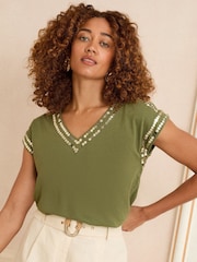 Love & Roses Khaki Sequin Trim V-Neck Jersey T-Shirt - Image 1 of 4