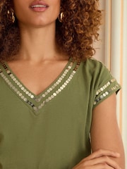Love & Roses Khaki Sequin Trim V-Neck Jersey T-Shirt - Image 2 of 4