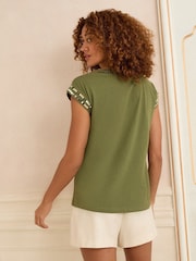 Love & Roses Khaki Sequin Trim V-Neck Jersey T-Shirt - Image 4 of 4
