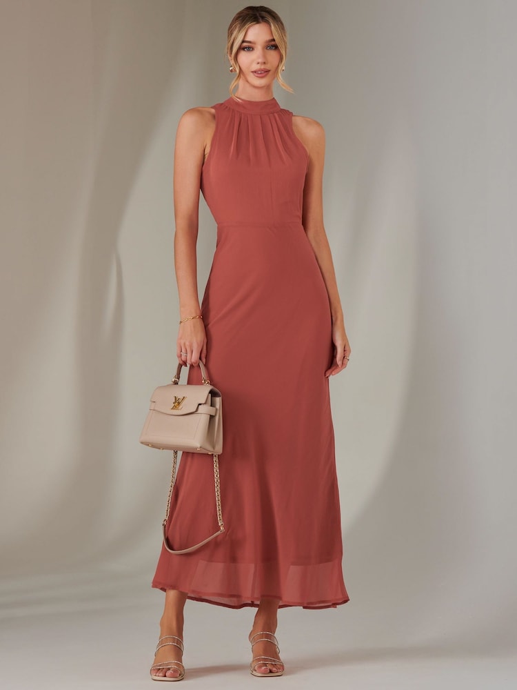 Jolie Moi Orange Halter Neck Open Back Chiffon Maxi Dress - Image 1 of 7