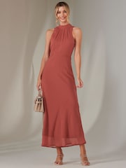 Jolie Moi Orange Halter Neck Open Back Chiffon Maxi Dress - Image 4 of 7