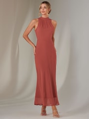 Jolie Moi Orange Halter Neck Open Back Chiffon Maxi Dress - Image 5 of 7