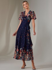 Jolie Moi Blue Mirror Print Mesh Wrap Maxi Dress - Image 1 of 8