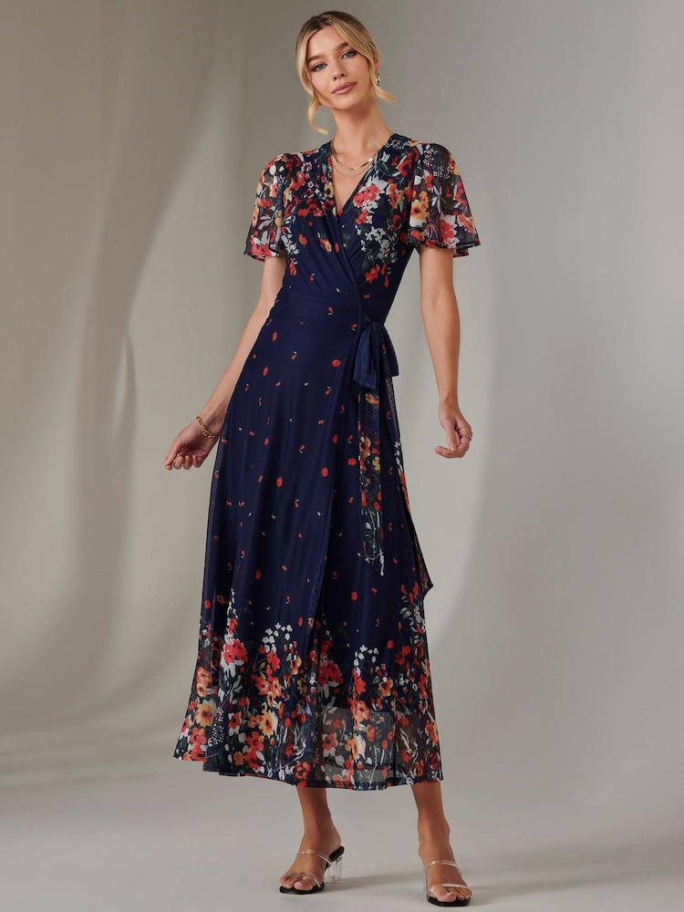 Jolie Moi Blue Mirror Print Mesh Wrap Maxi Dress - Image 1 of 8
