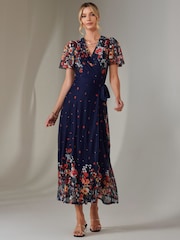 Jolie Moi Blue Mirror Print Mesh Wrap Maxi Dress - Image 4 of 8