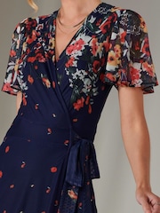 Jolie Moi Blue Mirror Print Mesh Wrap Maxi Dress - Image 5 of 8