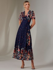 Jolie Moi Blue Mirror Print Mesh Wrap Maxi Dress - Image 6 of 8