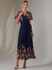 Jolie Moi Blue Mirror Print Mesh Wrap Maxi Dress - Image 7 of 8