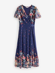 Jolie Moi Blue Mirror Print Mesh Wrap Maxi Dress - Image 8 of 8