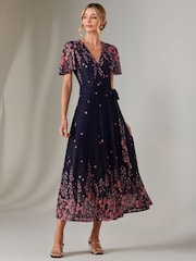 Jolie Moi Blue Mirror Print Mesh Wrap Maxi Dress - Image 1 of 7