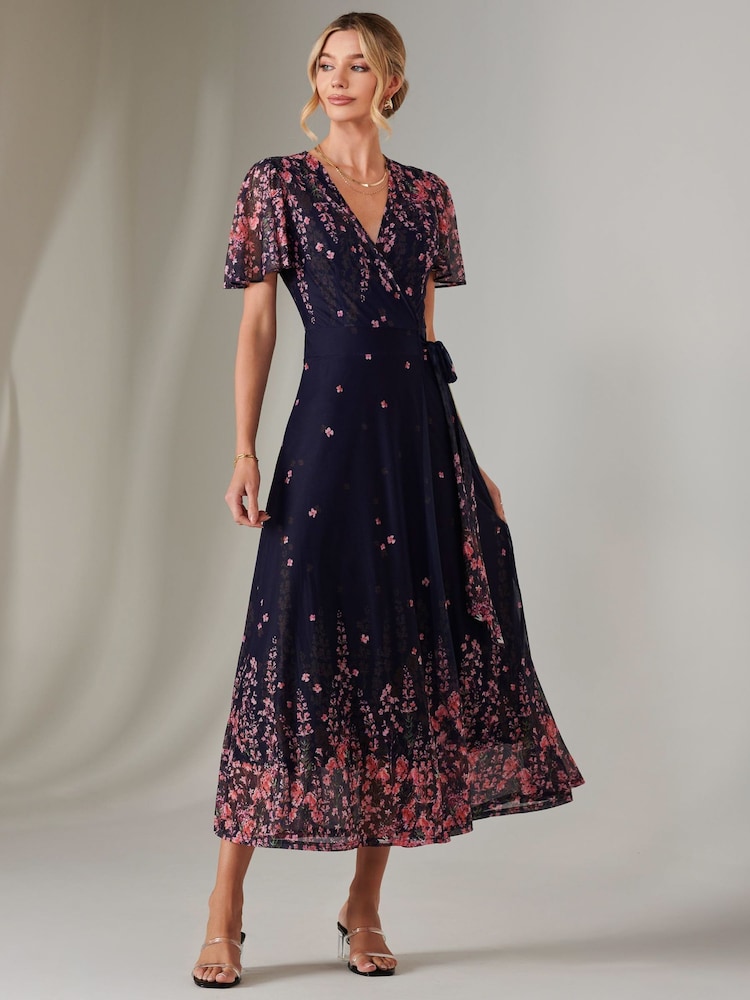 Jolie Moi Blue Mirror Print Mesh Wrap Maxi Dress - Image 1 of 7