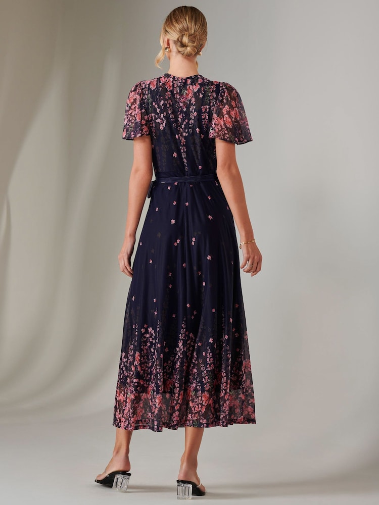 Jolie Moi Blue Mirror Print Mesh Wrap Maxi Dress - Image 2 of 7 Jolie Moi Blue Mirror Print Mesh Wrap Maxi Dress - Image 2 of 7