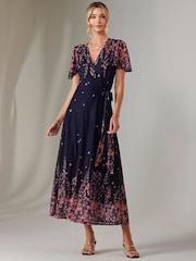 Jolie Moi Blue Mirror Print Mesh Wrap Maxi Dress - Image 3 of 7