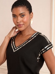 Love & Roses Black Sequin Trim Petite V-Neck Jersey T-Shirt - Image 2 of 4