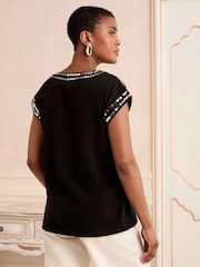 Love & Roses Black Sequin Trim Petite V-Neck Jersey T-Shirt - Image 4 of 4