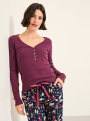 FatFace Lila Purple Pointelle Henley Top - Image 1 of 5