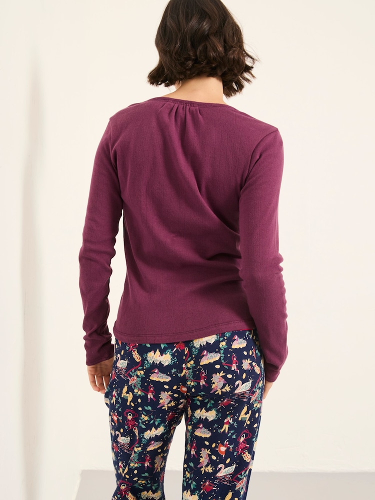 FatFace Lila Purple Pointelle Henley Top - Image 2 of 5