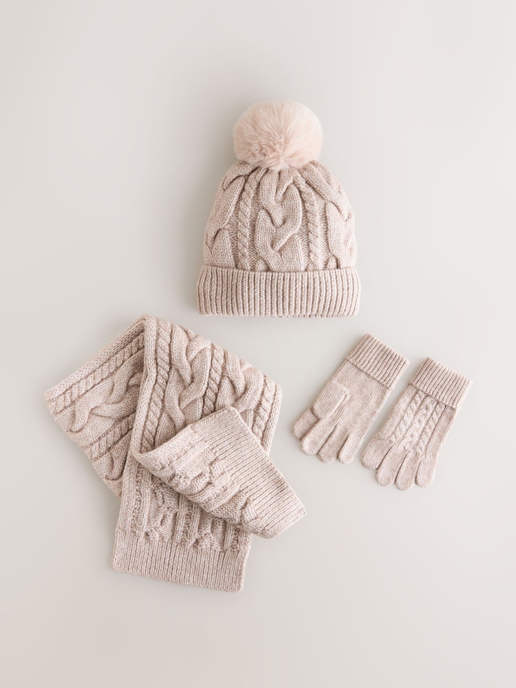 Mink Brown Cable Beanie Scarf and Gloves Set (3-16yrs) - Image 1 of 4 Mink Brown Cable Beanie Scarf and Gloves Set (3-16yrs) - Image 1 of 4