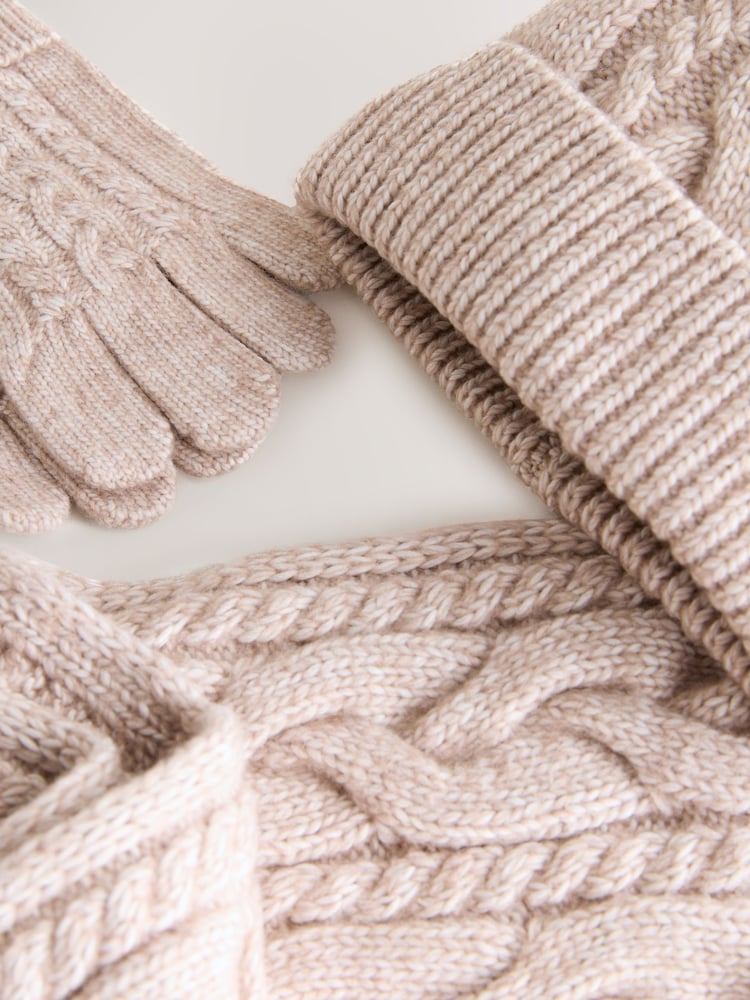 Mink Brown Cable Beanie Scarf and Gloves Set (3-16yrs) - Image 4 of 4 Mink Brown Cable Beanie Scarf and Gloves Set (3-16yrs) - Image 4 of 4