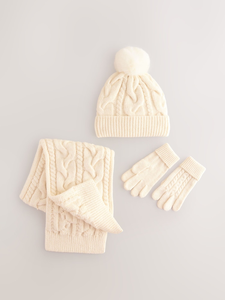 Ecru Cable Beanie Scarf and Gloves Set (3-16yrs) - Image 1 of 4 Ecru Cable Beanie Scarf and Gloves Set (3-16yrs) - Image 1 of 4