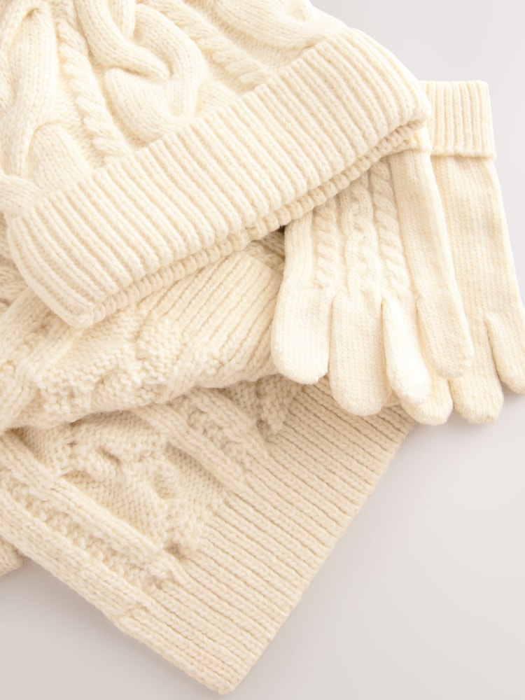 Ecru Cable Beanie Scarf and Gloves Set (3-16yrs) - Image 2 of 4 Ecru Cable Beanie Scarf and Gloves Set (3-16yrs) - Image 2 of 4
