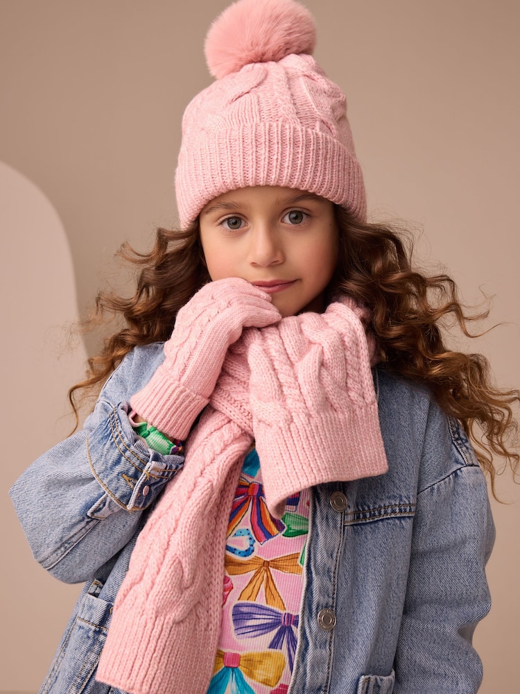 Pink Cable Beanie Scarf and Gloves Set (3-16yrs) - Image 1 of 6 Pink Cable Beanie Scarf and Gloves Set (3-16yrs) - Image 1 of 6