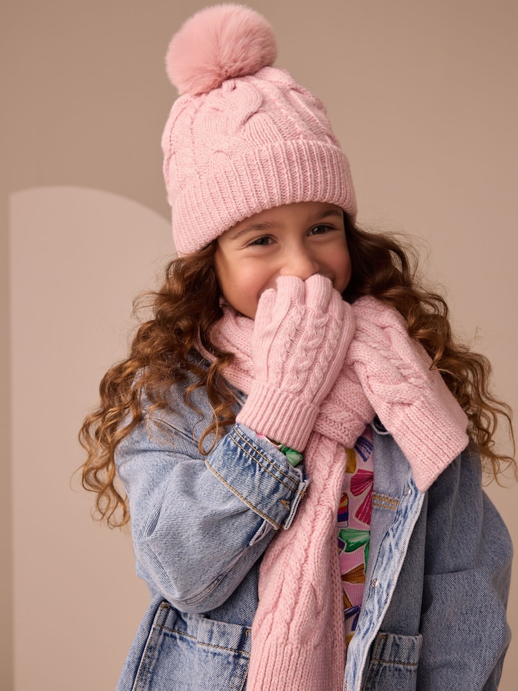 Pink Cable Beanie Scarf and Gloves Set (3-16yrs) - Image 2 of 6 Pink Cable Beanie Scarf and Gloves Set (3-16yrs) - Image 2 of 6