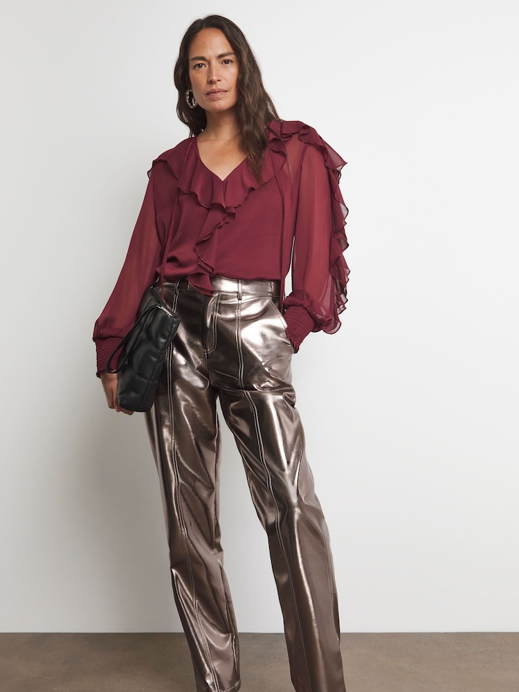 Joanna Hope Red Crinkle Ruffle Blouse With Contrast - Image 1 of 5