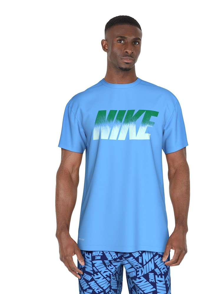 Nike Blue DriFIT Graphic Print Logo UPF 40 Short Sleeve Rash Vest - Image 1 of 4