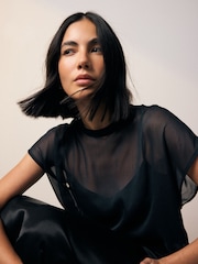 Navy Blue Sheer Layer Cap Sleeve Top - Image 1 of 7