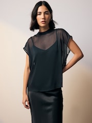 Navy Blue Sheer Layer Cap Sleeve Top - Image 4 of 7