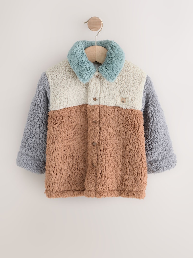 Neutral/Tan Scandi Colorblock Borg Fleece Shacket (3mths-7yrs) - Image 1 of 6