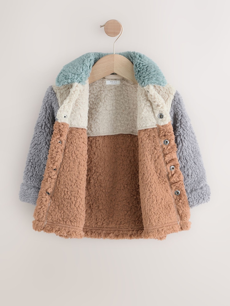 Neutral/Tan Scandi Colorblock Borg Fleece Shacket (3mths-7yrs) - Image 2 of 6