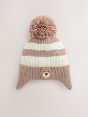 Tan/Cream Stripe Bear Pom Hat (3mths-10yrs) - Image 1 of 3