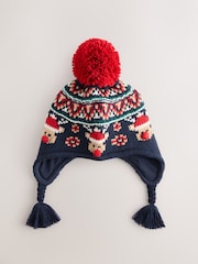 Navy/Red Fairisle Pattern Reindeer Print Inca Hat (3mths-13yrs) - Image 1 of 3