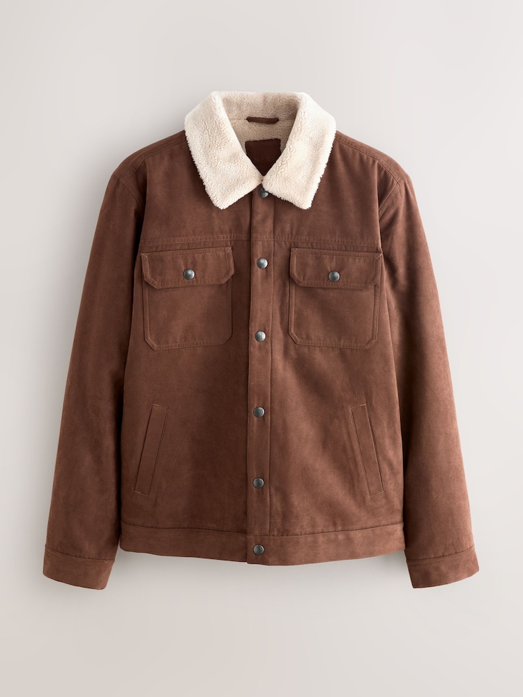 Brown Faux Suede Borg Lined Trucker Jacket - Image 1 of 4 Brown Faux Suede Borg Lined Trucker Jacket - Image 1 of 4