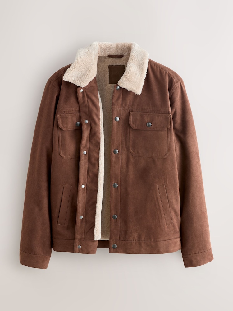 Brown Faux Suede Borg Lined Trucker Jacket - Image 2 of 4 Brown Faux Suede Borg Lined Trucker Jacket - Image 2 of 4