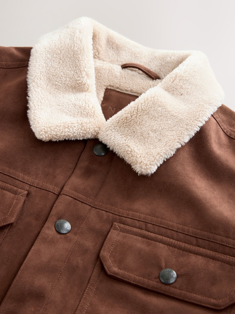 Brown Faux Suede Borg Lined Trucker Jacket - Image 4 of 4 Brown Faux Suede Borg Lined Trucker Jacket - Image 4 of 4