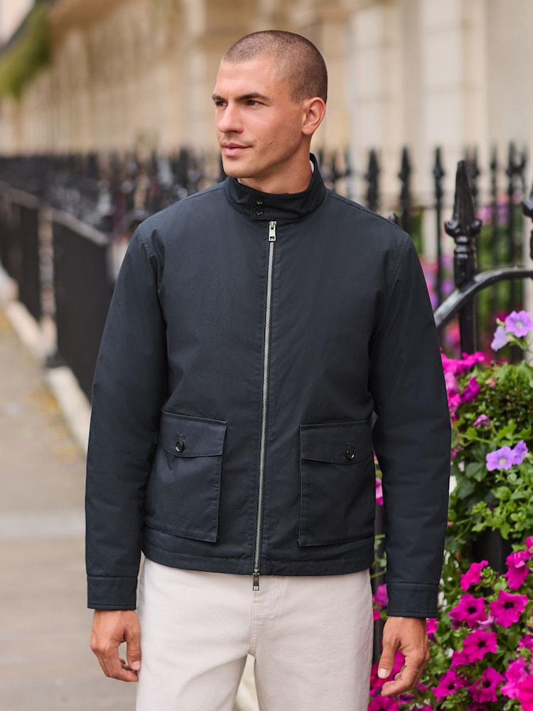 Navy Blue Borg Lined Shower Resistant Harrington Jacket - Image 1 of 15