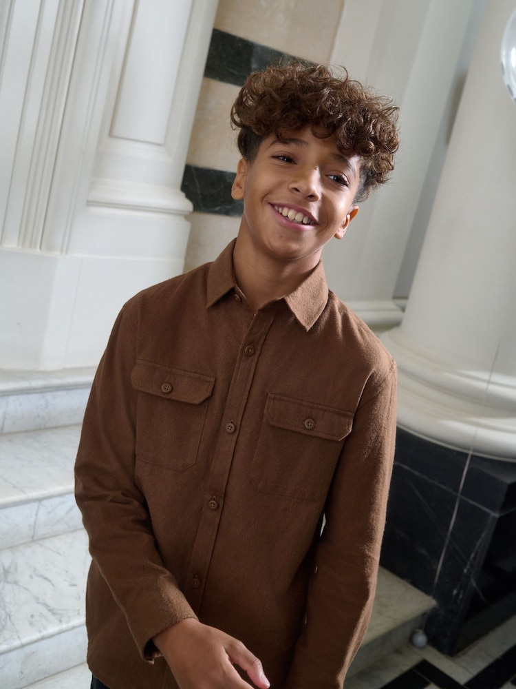 Tan Brown Long Sleeve Plain Double Pocket Shirt (3-16yrs) - Image 1 of 5