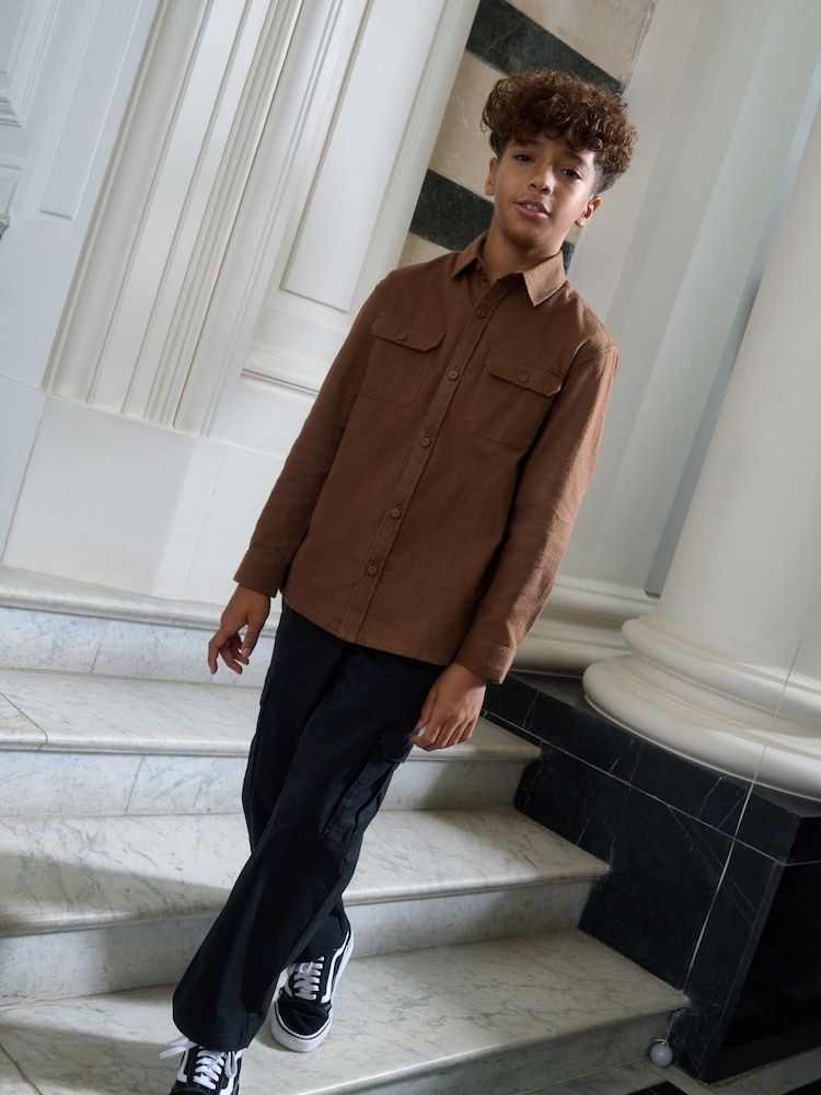 Tan Brown Long Sleeve Plain Double Pocket Shirt (3-16yrs) - Image 2 of 5